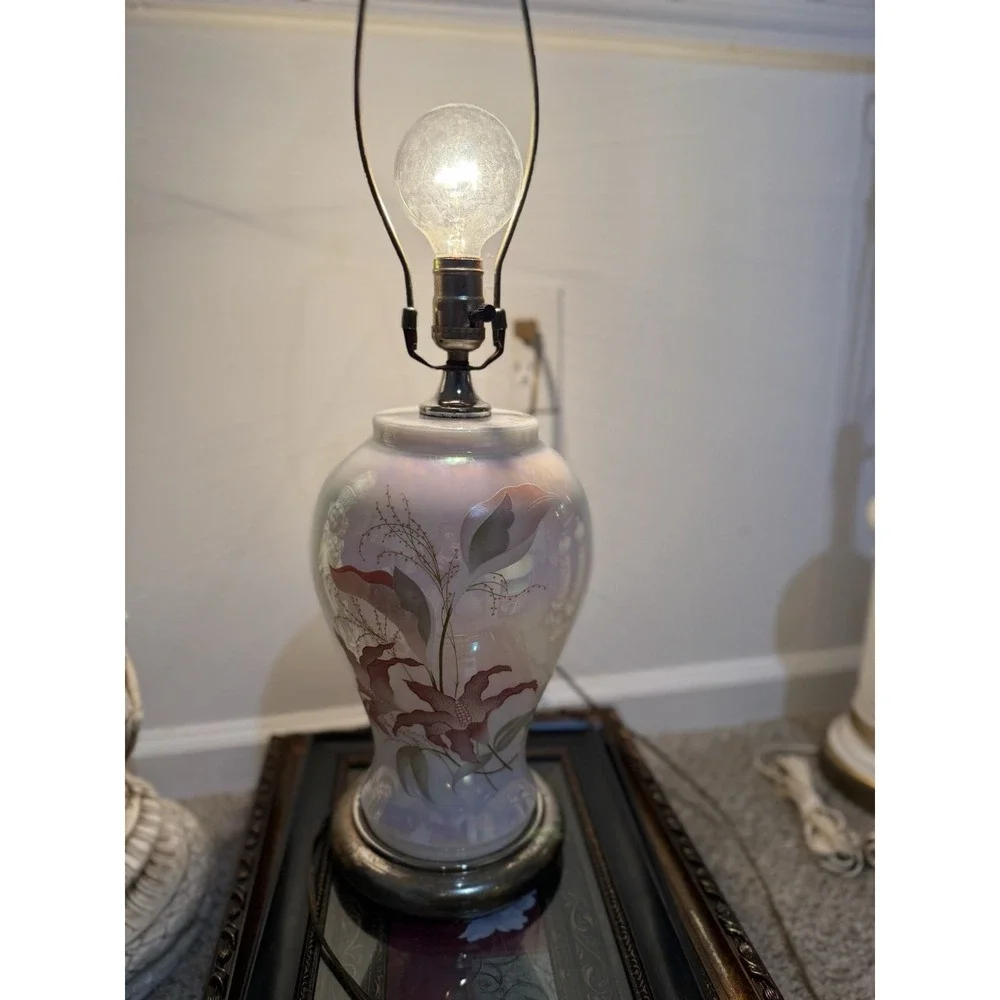 Vintage 80s large chinoiserie Floral Table Lamp ginger jar‎ Hollywood Regency